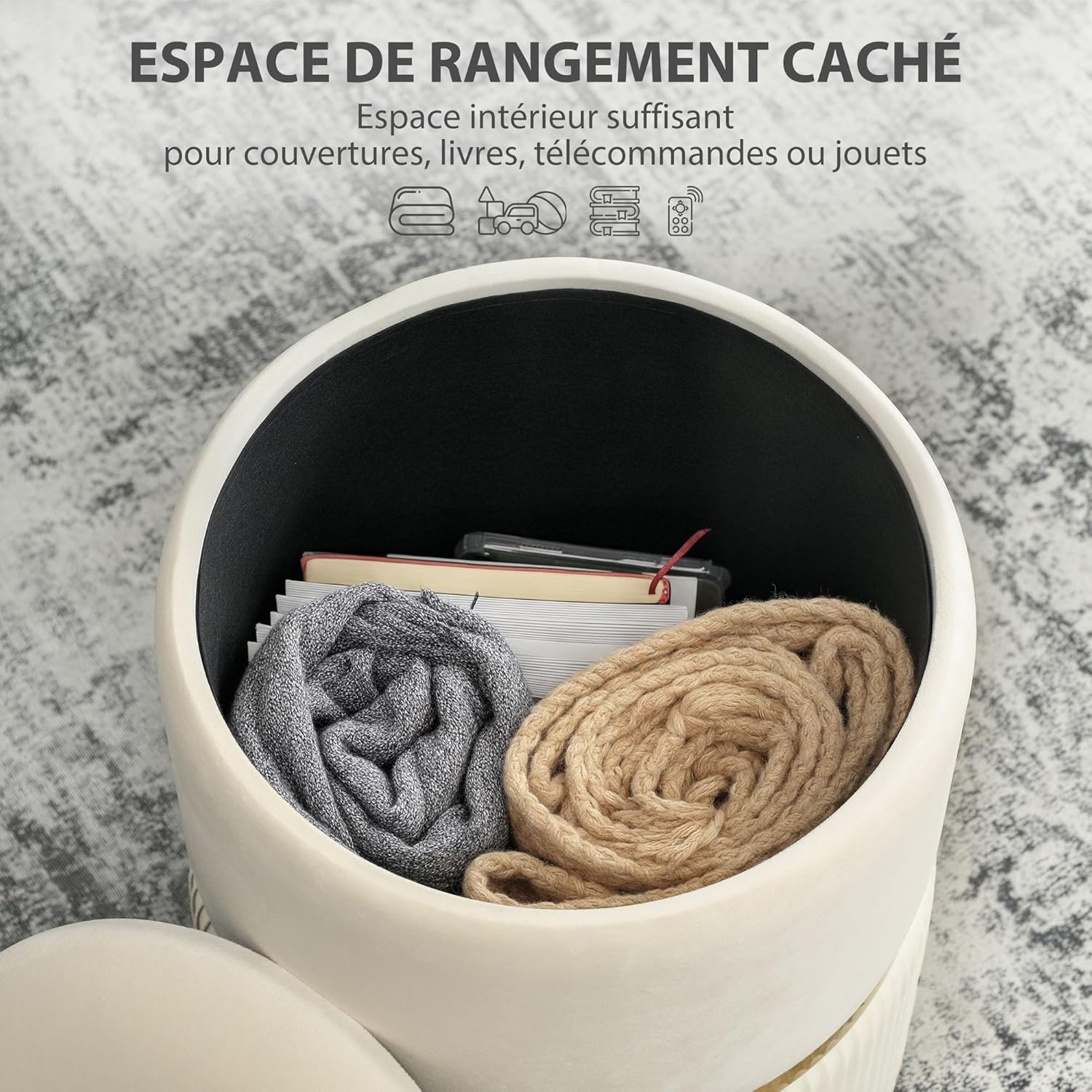 Thumbnail 3 de HOMCOM Pouf Tabouret Repose-Pied avec Coffre de Rangement en Velours côtelé Beige – 36 x 36 x 44 cm