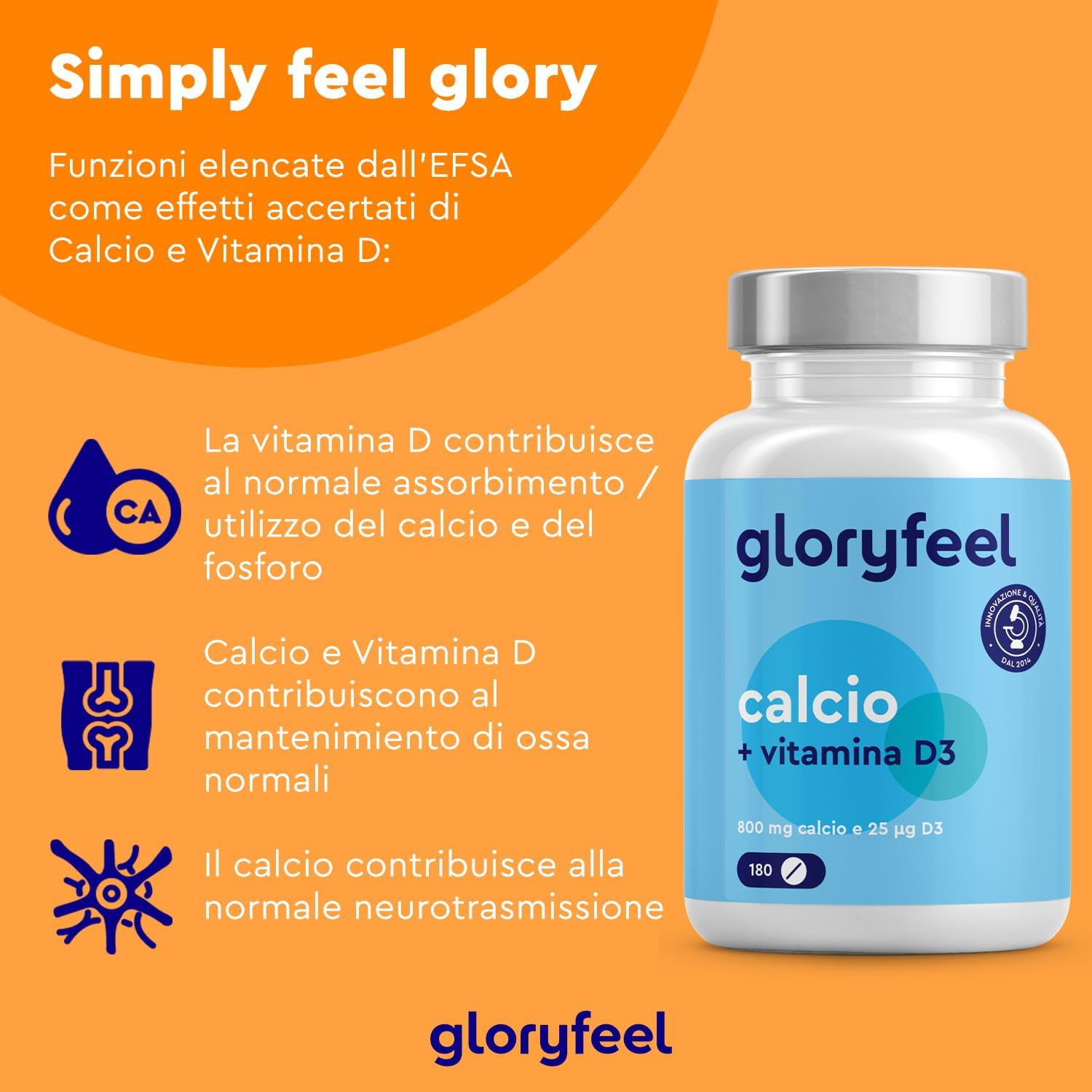 Detalle 2 de Integratore Calcio e Vitamina D3, 180 Compresse – Gloryfeel: supporto per ossa, denti e muscoli