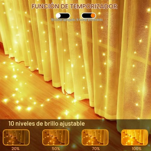 Detalle 2 de JTSIOV cortina de luces LED 3 × 2,7 m, 300 luces y 8 modos