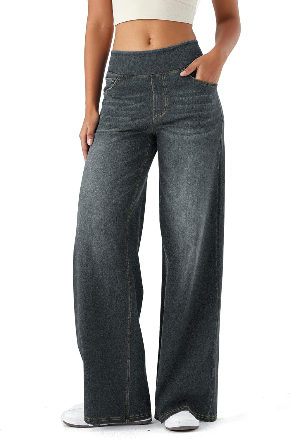 Detalle 2 de LaiEr Large Denim Wide Leg Pants for Women — High Waist, Elastic Comfort, and Retro Marble Detail