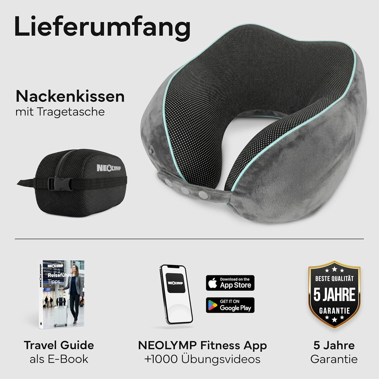 Thumbnail 1 de NEOLYMP Nackenkissen Flugzeug mit Kinnstütze – Memory Foam Reisekissen mit 360° Support, verstellbar 35–48 cm, inkl. Tasche und Kofferband
