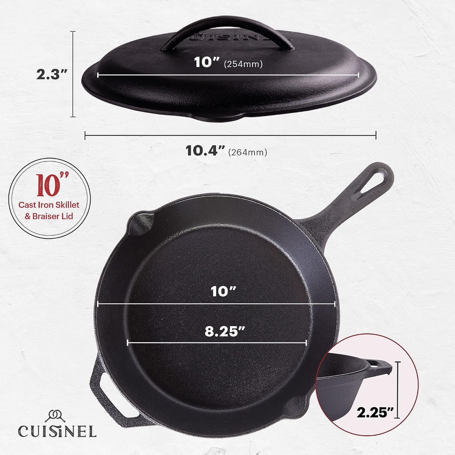 Detalle de Cuisinel 10-Inch Pre-Seasoned Cast-Iron Skillet with Braising Lid