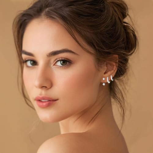 Detalle de Smilya 3 Pairs 925 Sterling Silver Stud Hoop Earrings Set for Women