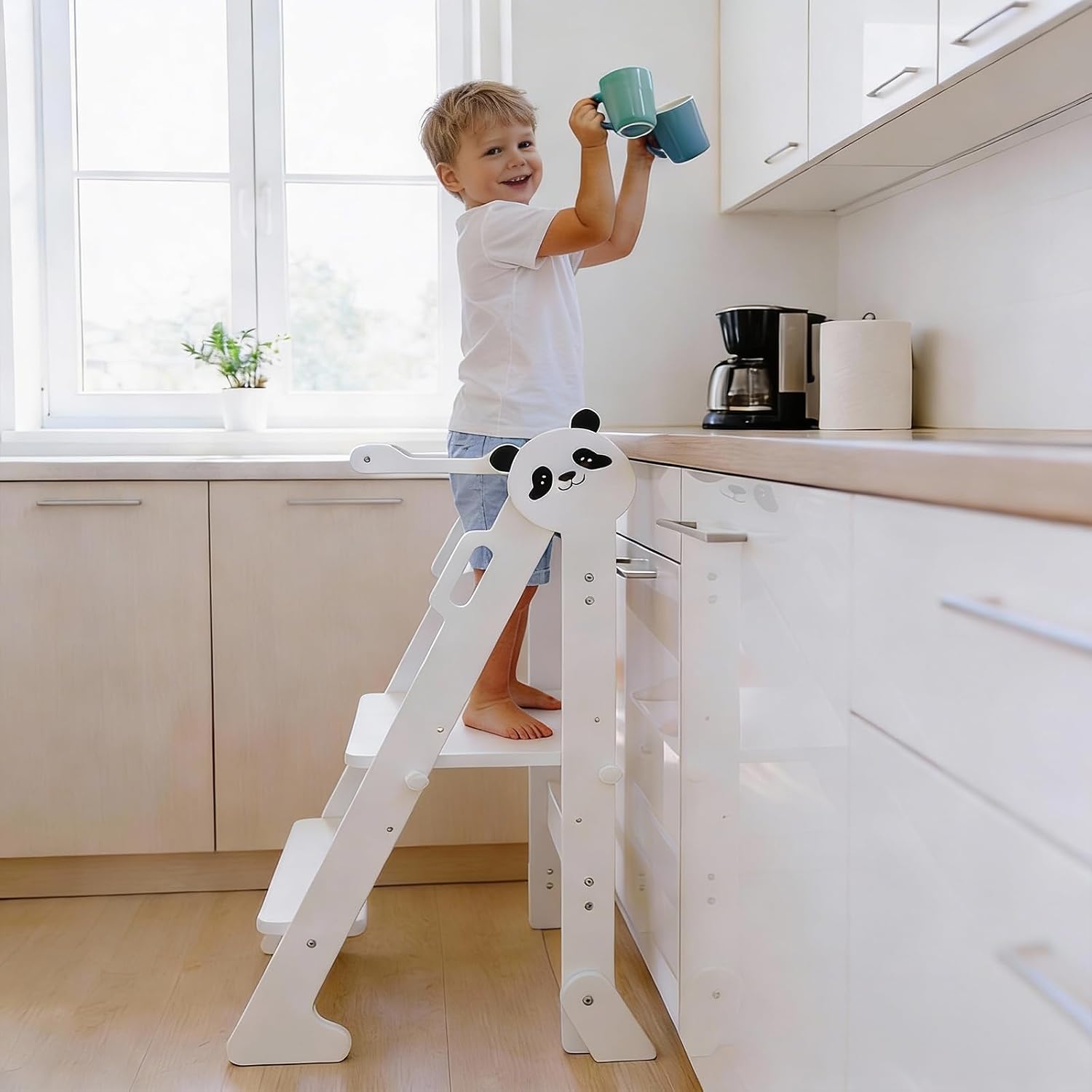 Bright Panda Montessori Foldable Learning Tower - 3-Level Adjustable Toddler Tower with Anti-Tipping Feet (White)