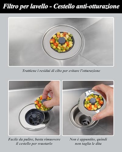 Detalle de Hibbent Setaccio e Tappo Combo per Lavello da Cucina 3-in-1 in Acciaio Inox – Anti-Intasamento