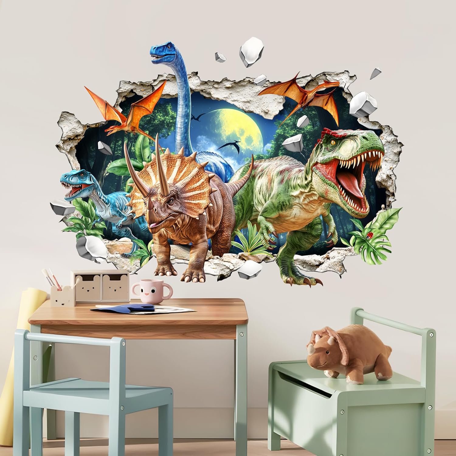 Detalle 2 de Supzone Wandtattoo Dinosaurier 3D XXL – Dino-Tyrannosaurus Rex & Triceratops als Wandaufkleber