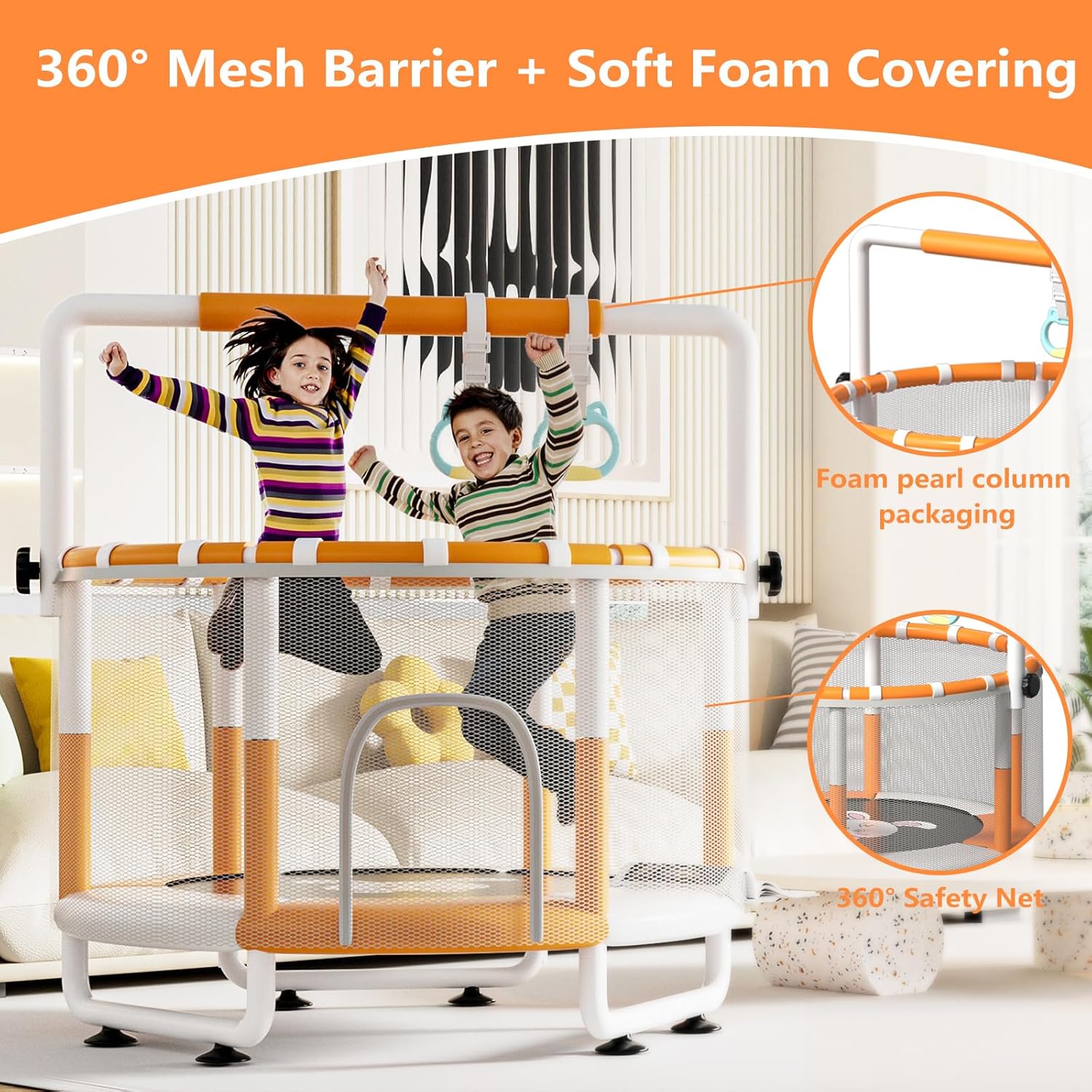 Thumbnail 2 de KINETRA 55" Kids Indoor Trampoline with Safety Net, Adjustable Gymnastics Bar & Toys (Ages 3+)