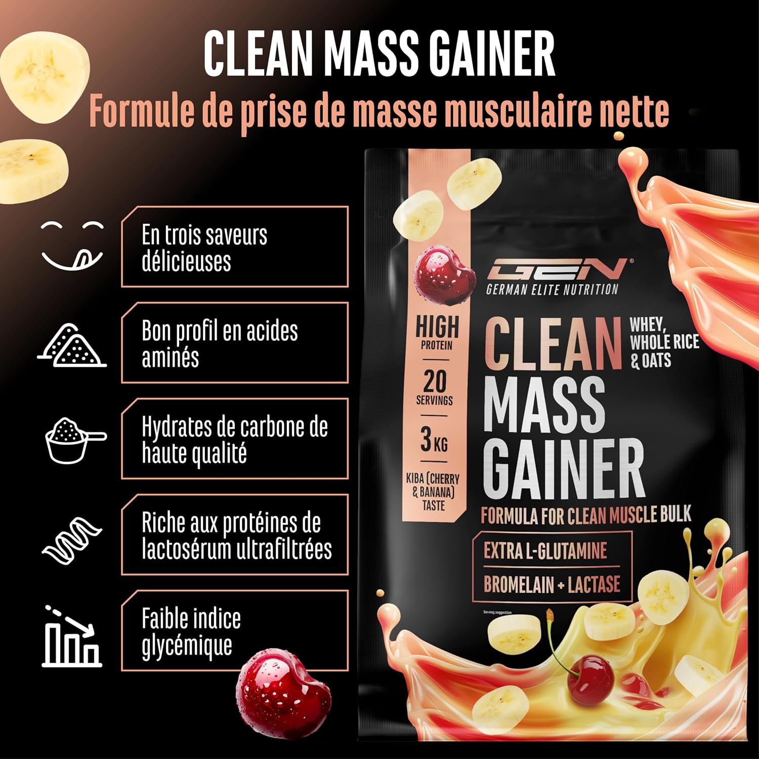 Detalle de GEN German Elite Nutrition Clean Weight Gainer – 3 kg, cherrry & banana, prise de masse (végétarien)