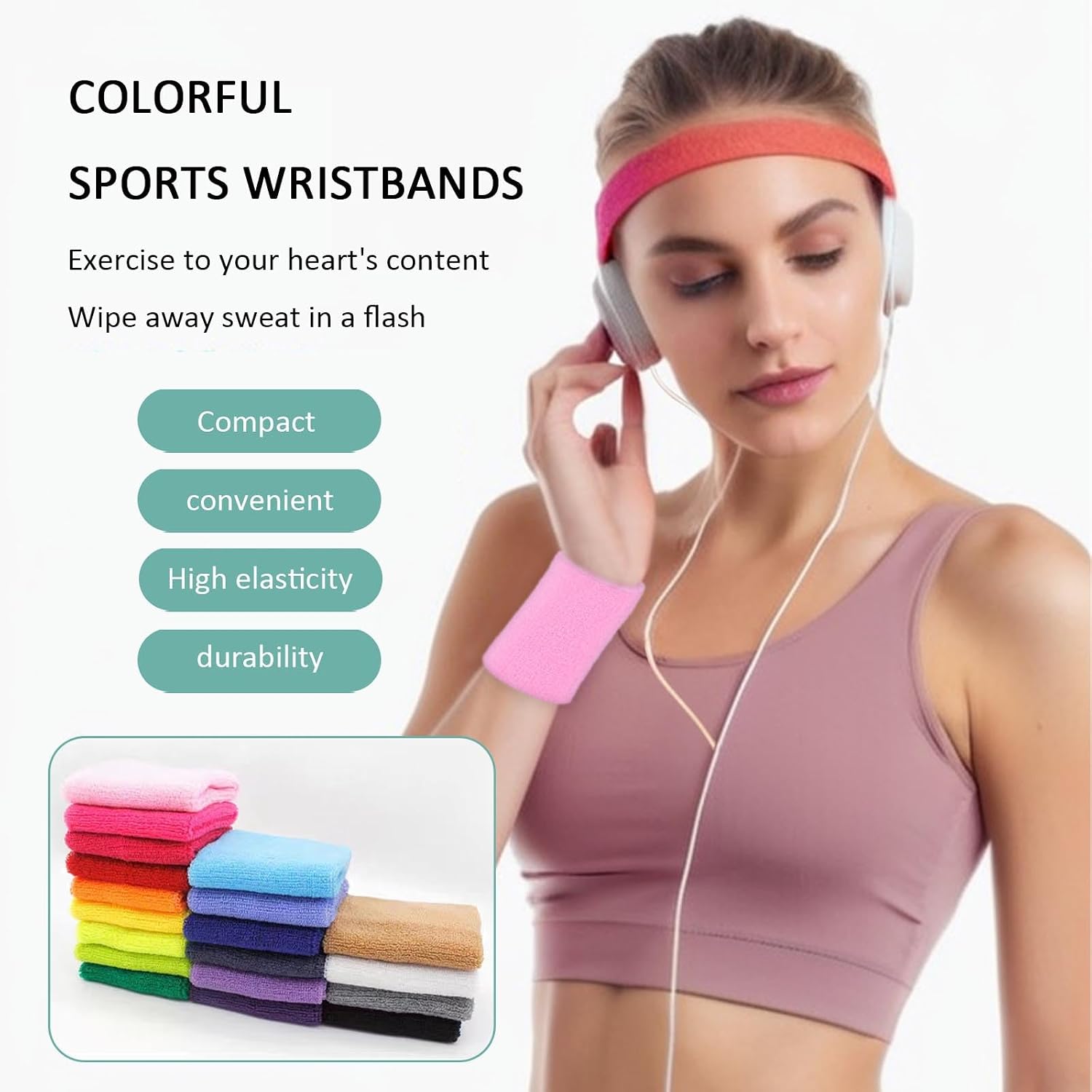 Detalle de Fecawd Sweat-Absorbent Wristbands, 6-Pack Cotton-Blend Sports Bands