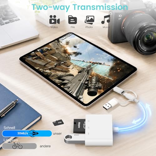 Detalle de Dalimee 3-in-1 SD Card Reader for iPhone, USB-C/USB/A Lightning – Bidirectional, Plug & Play