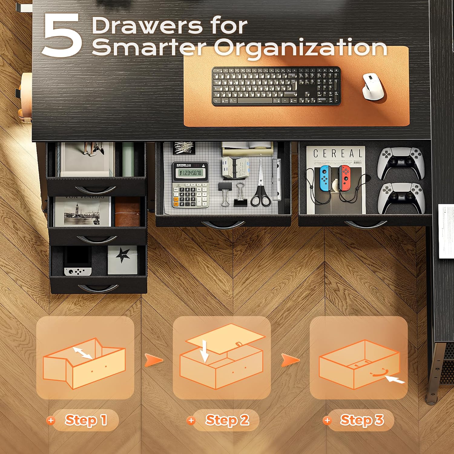 Detalle 1 de PRAISUN 47-Inch L-Shaped Desk with Power Outlets, USB-C, 5 Fabric Drawers