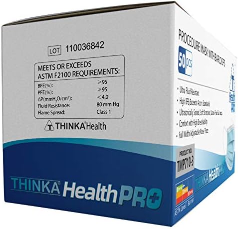 Detalle de THINKA Procedure Mask, 50-Pack, ASTM Level 1, Blue with Ear Loops