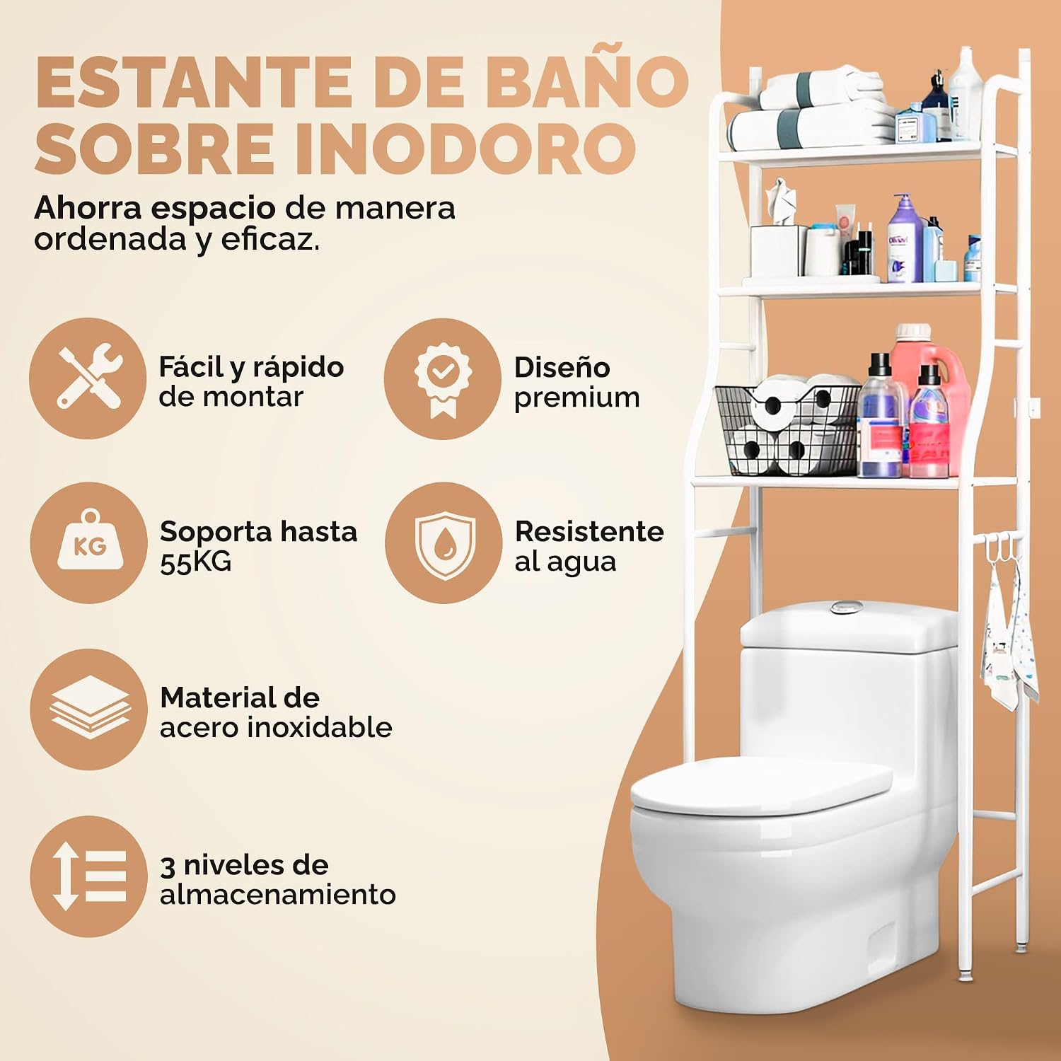 Detalle de JUPPLIES Estantería Baño sobre Inodoro (47×26×153 cm) – Mueble auxiliar de 3 niveles en metal blanco