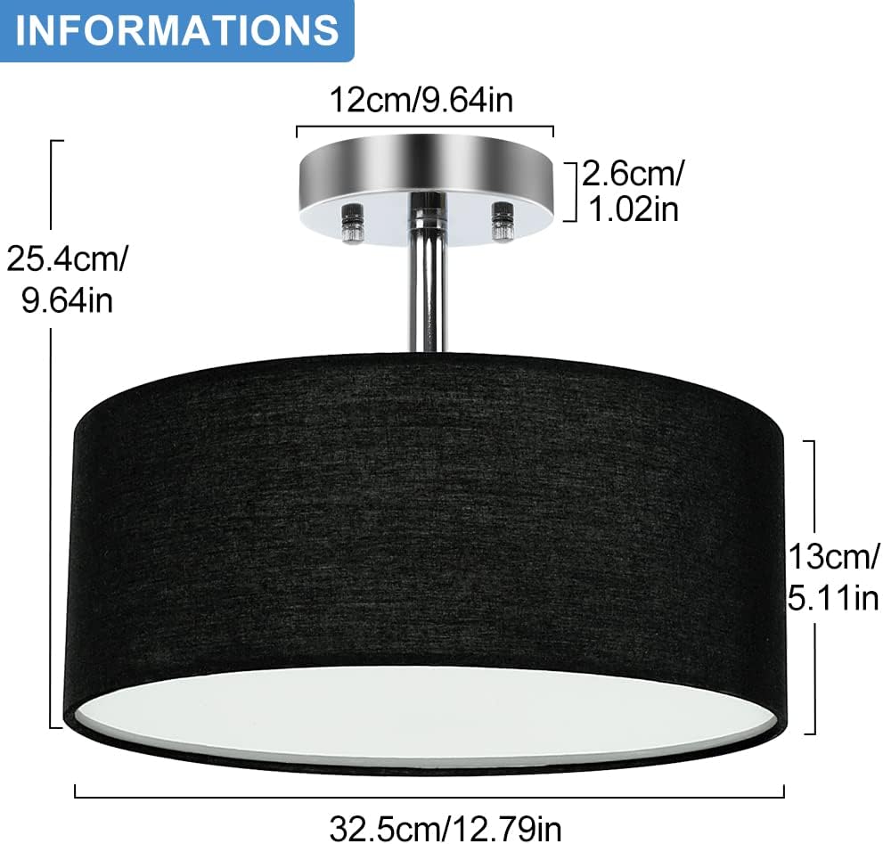 Detalle de Depuley 3-Light Semi-Flush Mount Ceiling Light Fixture with Black Fabric Drum Shade