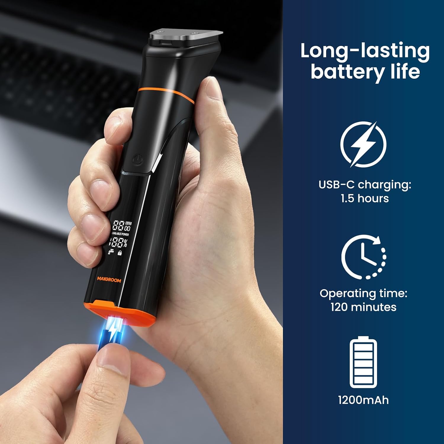 Detalle de MAXGROOM 6-in-1 Beard Trimmer for Men – Magnetic Heads, IPX6 Waterproof, USB-C