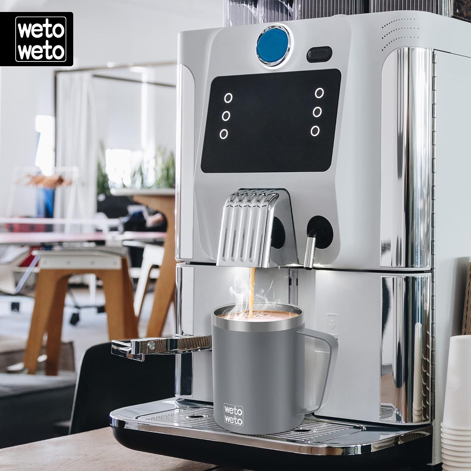 Detalle 1 de WETOWETO 14 oz Insulated Vacuum Coffee Mug with Handle, Double-Wall Stainless Steel Tumbler (Gray) + Two BPA-Free Lids