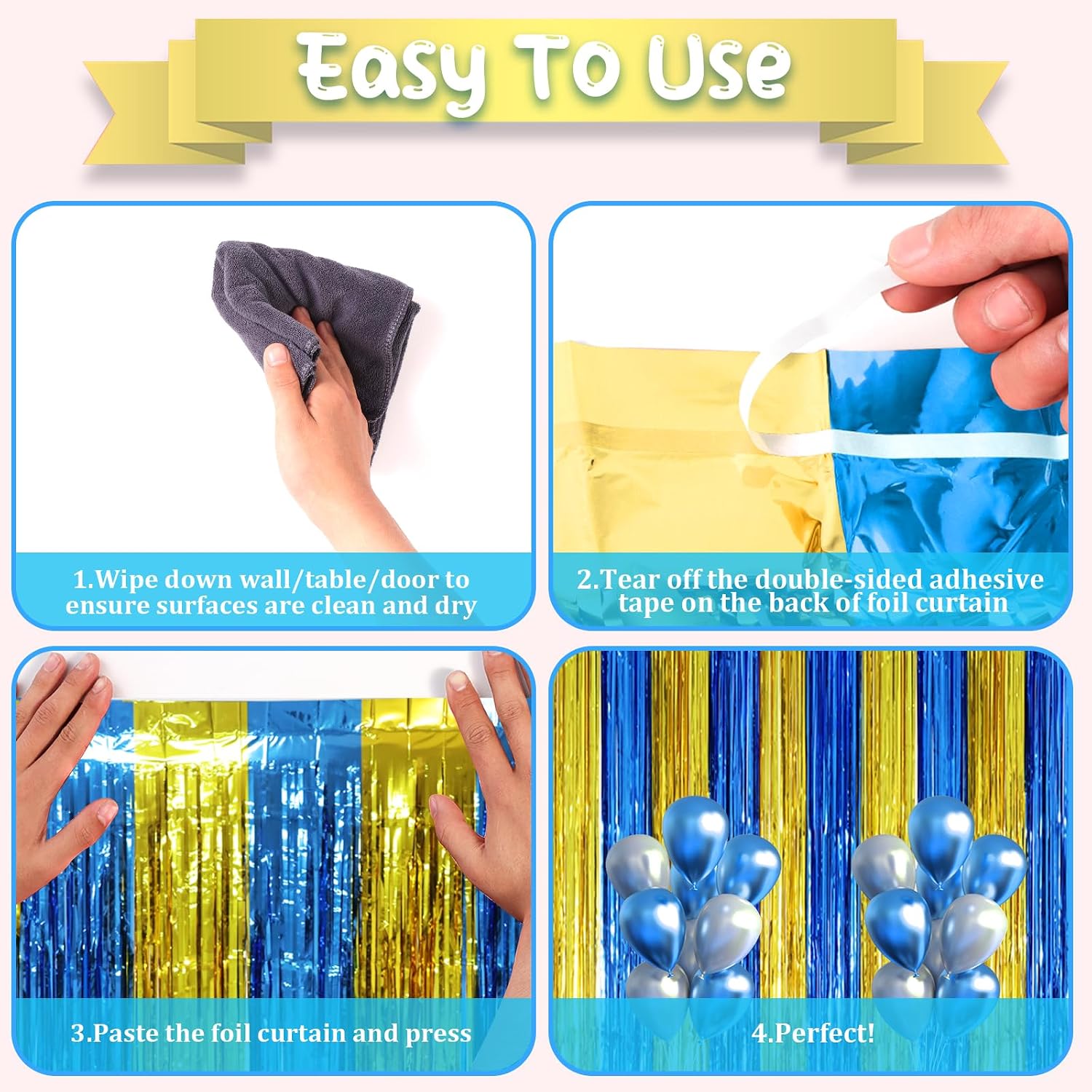 Detalle de Voircoloria 2-Pack Blue & Gold Foil Fringe Backdrop Curtains for Door Shimmer Parties