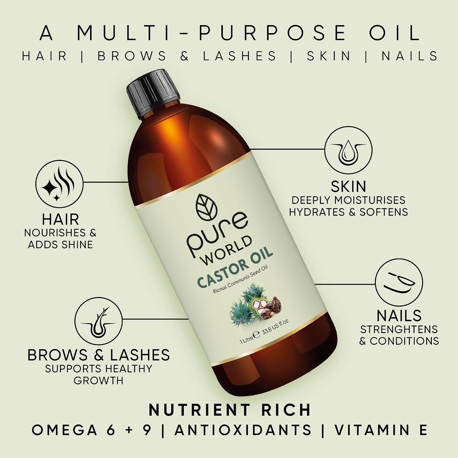 Detalle 2 de Pure World Natural Castor Oil 1000 ml for Hair & Skin
