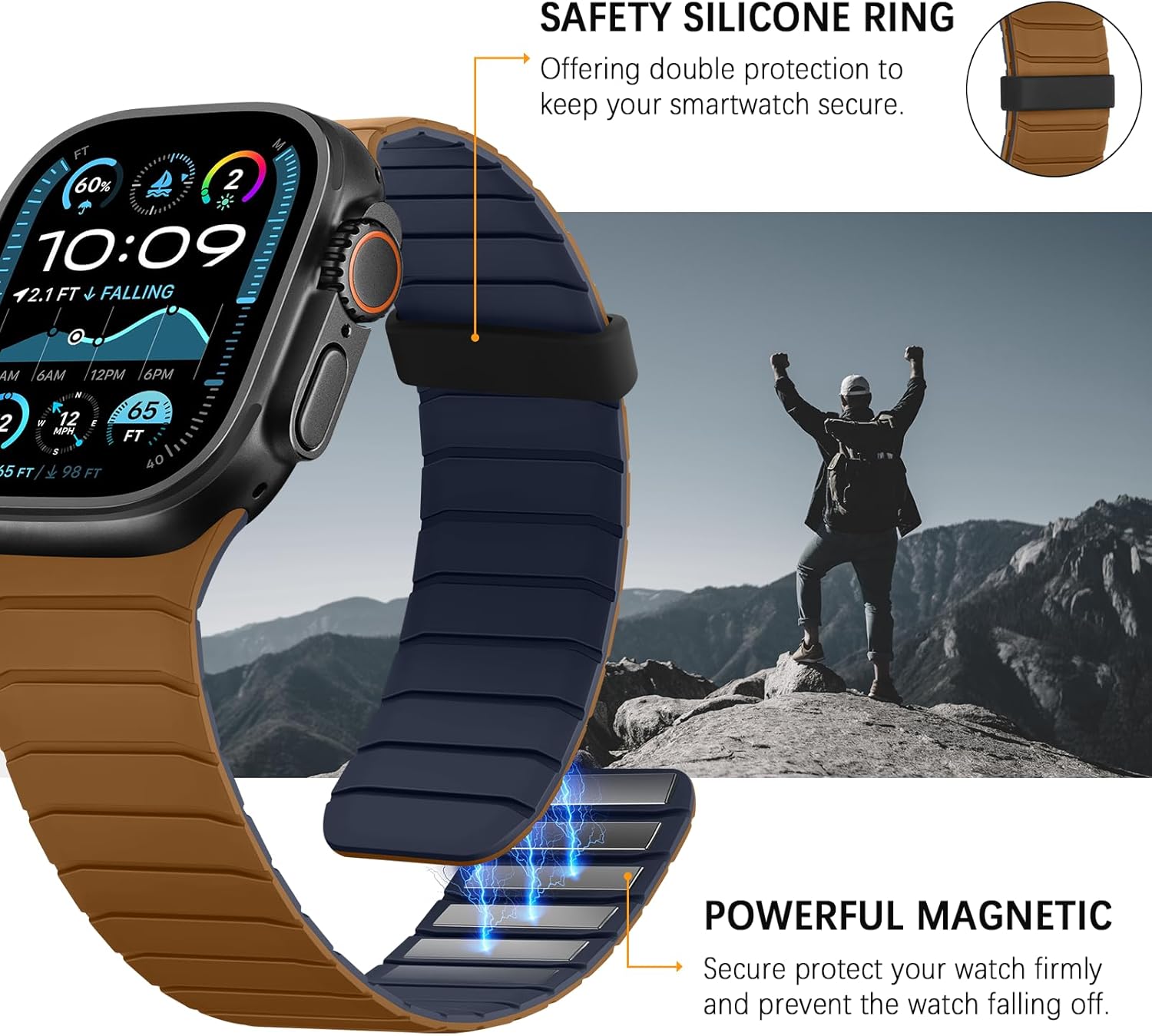Detalle de Sixmoat Magnetic Silicone Strap for Apple Watch (42mm/41mm/40mm/38mm) – Brown-Indigo, 150–215mm wrists