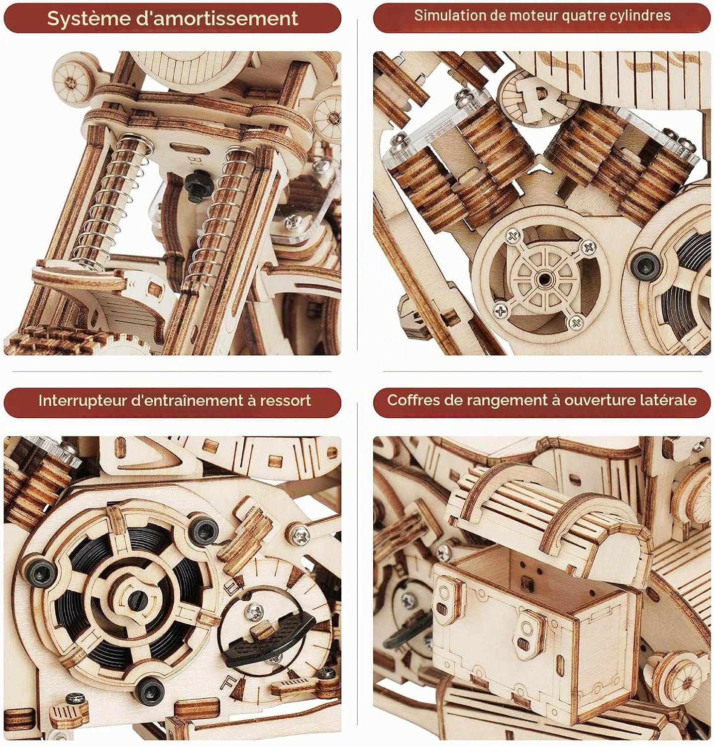 Detalle de ROBOTIME 3D-houten motorpuzzel voor volwassenen, mechanisch model met 420 stukken
