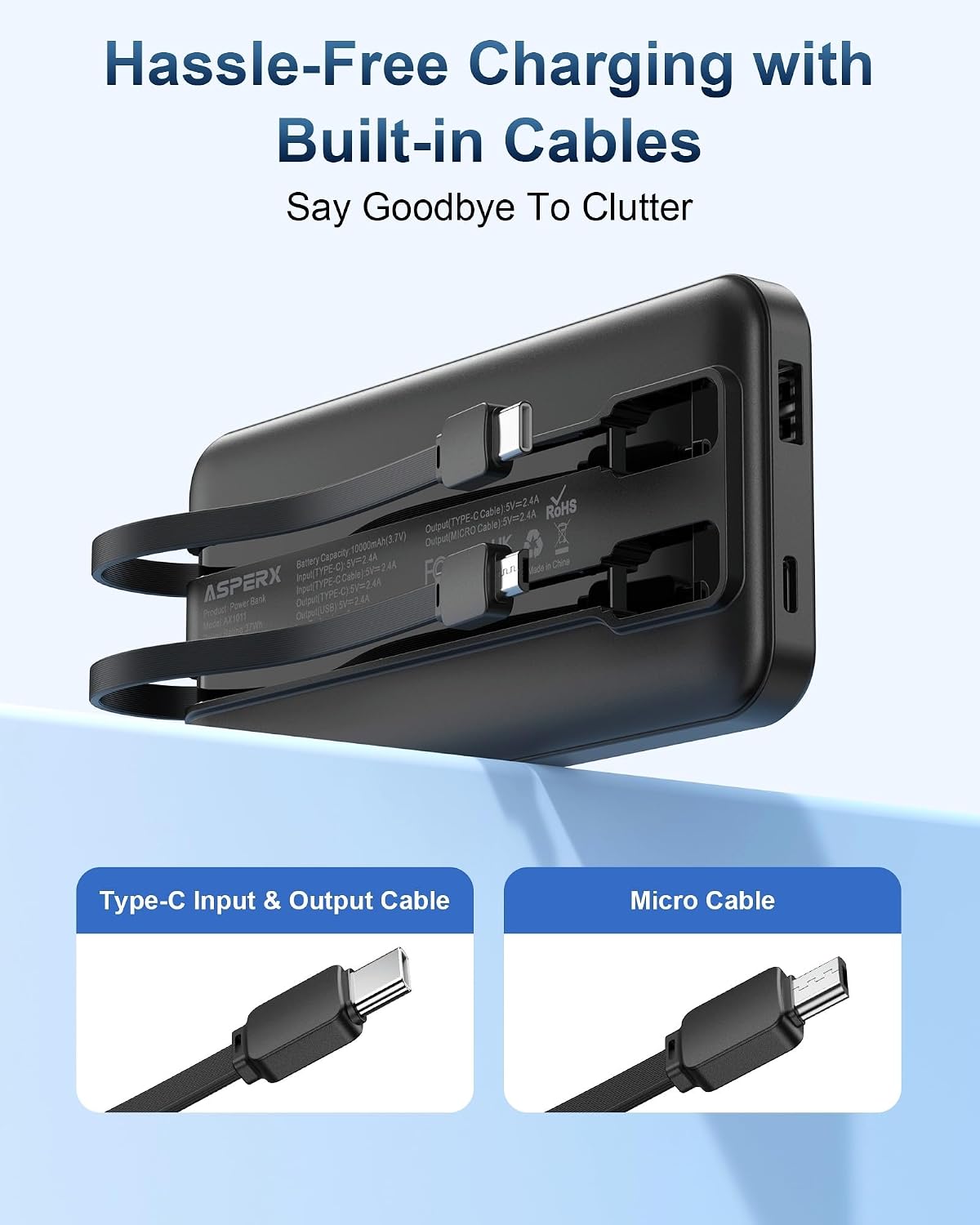 Detalle de AsperX Compact 10000mAh Power Bank with Built-in Cables: Portable, Safe and Ready for Daily Use