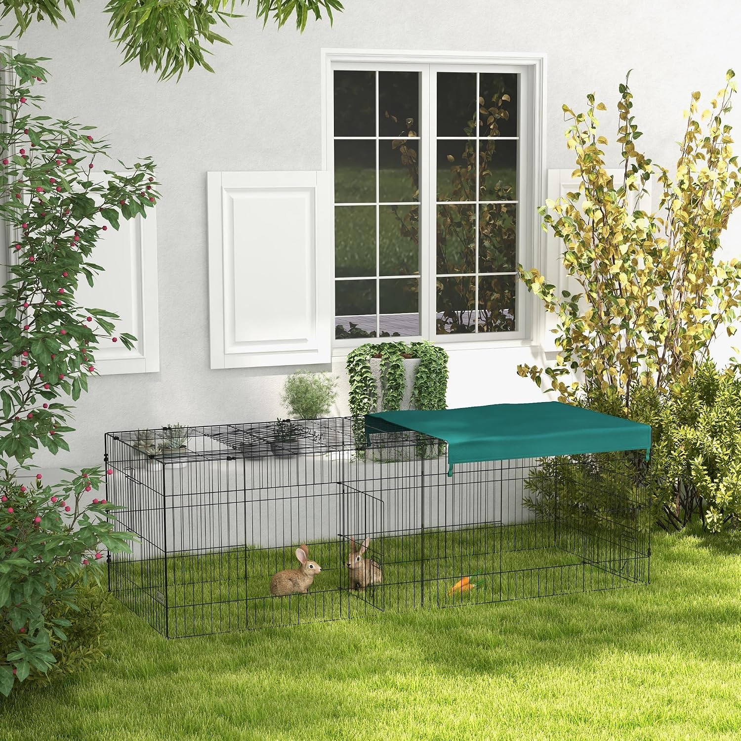 Detalle de PawHut Parc enclos modulable en acier avec bac 220 x 85 x 70 cm (vert) pour rongeurs et petits animaux