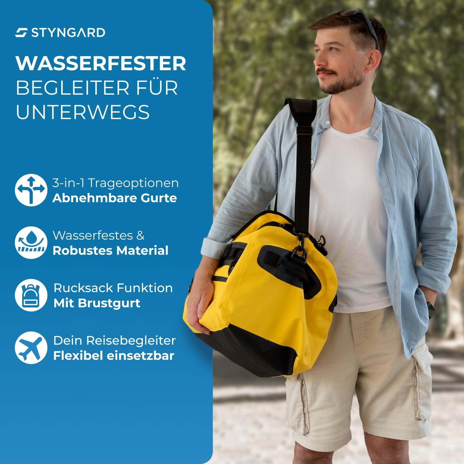 Thumbnail 6 de STYNGARD Reisetasche wasserdicht mit Rucksackfunktion „Hamburg“ (60 l) – 3in1 Duffle Bag, gelb