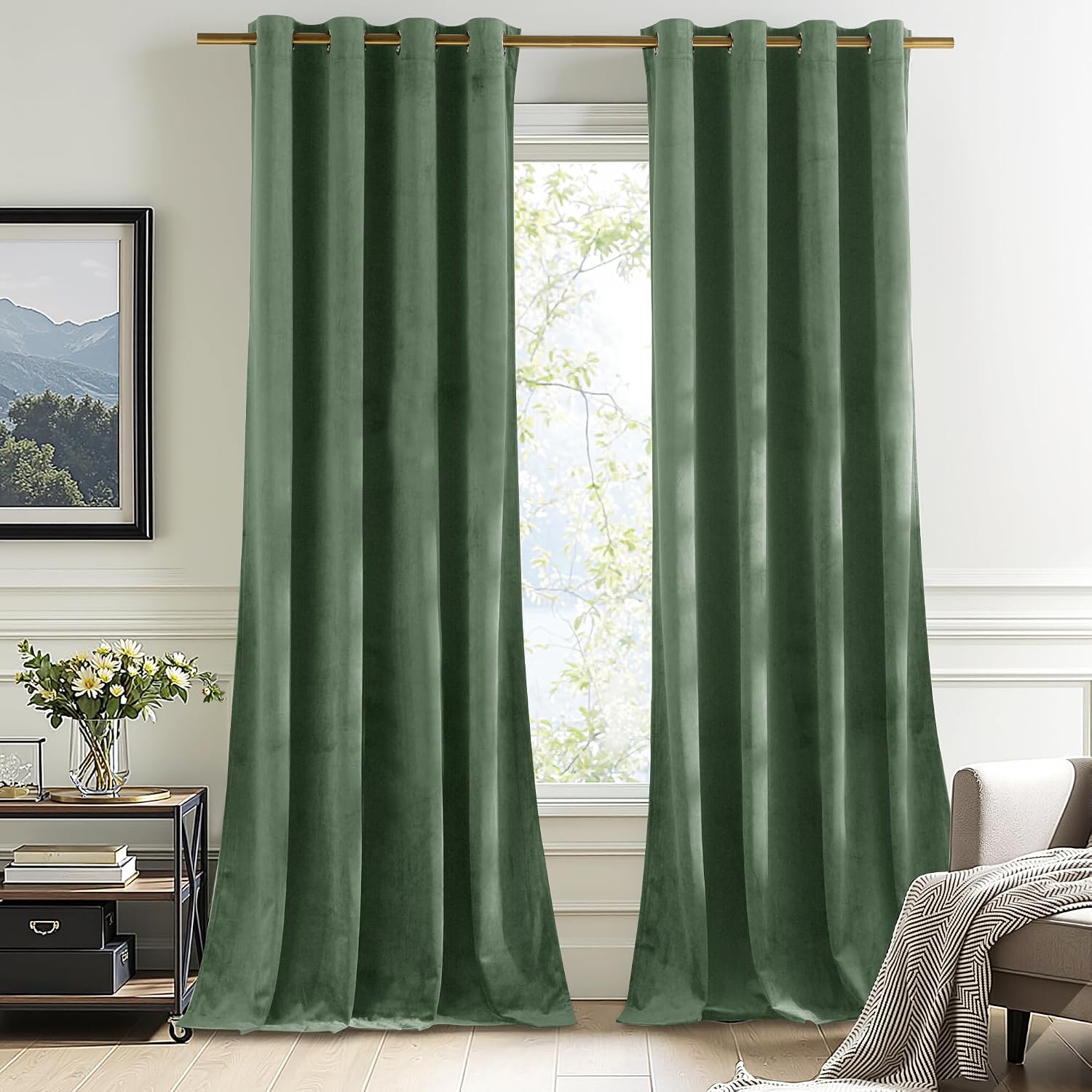 Detalle de PONY DANCE Matcha Green Velvet Curtains 66in wide 🪟