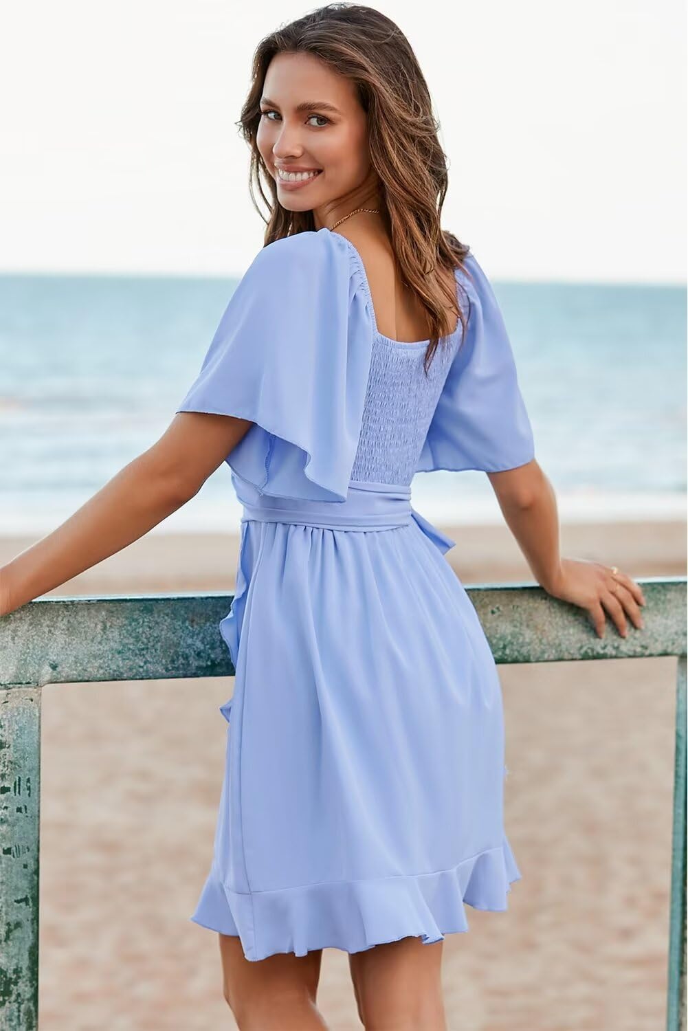 Detalle de Dokotoo Women's Wrap V Neck Mini Dress with Flared Sleeves and Tiered Hem