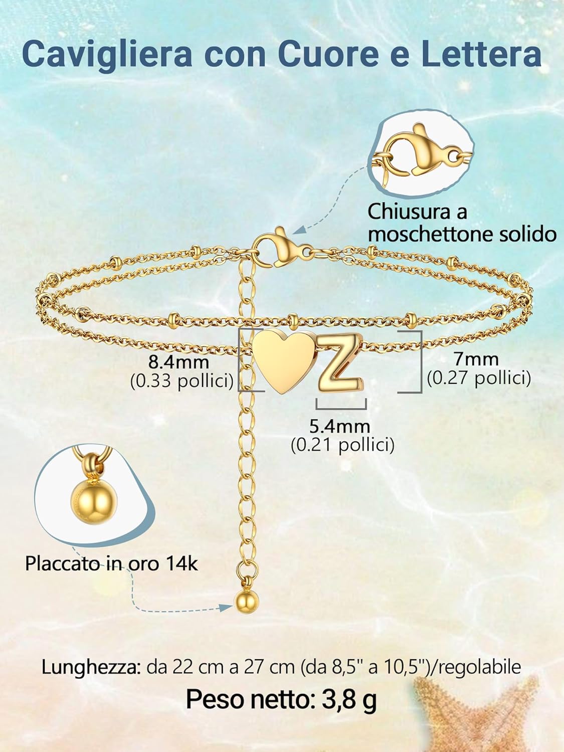 Thumbnail 2 de PROSTEEL A-Z Cavigliera a Doppio Strato con Cuore e Lettere dall’A alla Z – Acciaio Inox 316L, 22+5 cm
