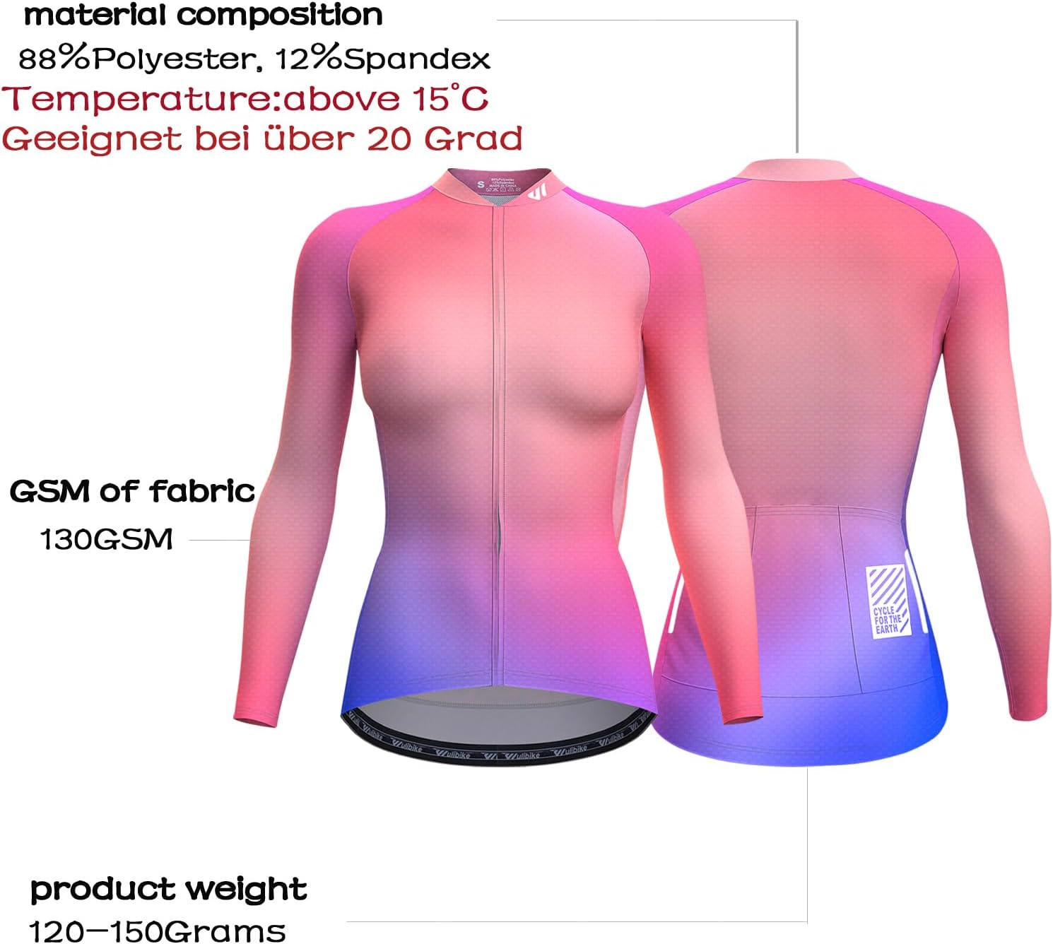 Thumbnail 3 de Wulibike Damen Langarm Radtrikot – atmungsaktiv, mit 3 Rückentaschen und reflektierenden Details