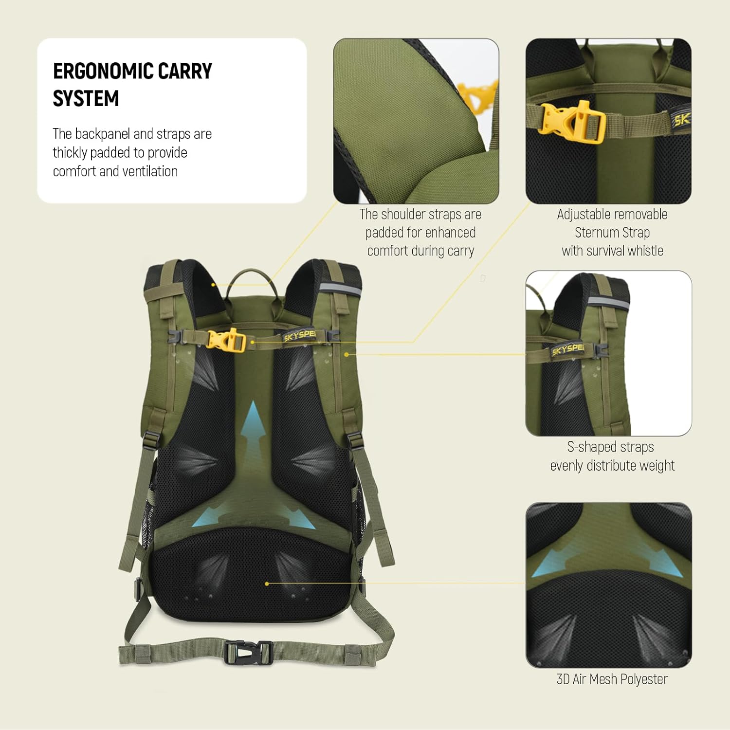 Detalle de SKYSPER 25L Hiking Backpack with Rain Cover: Durable Daypack for Outdoor Adventures