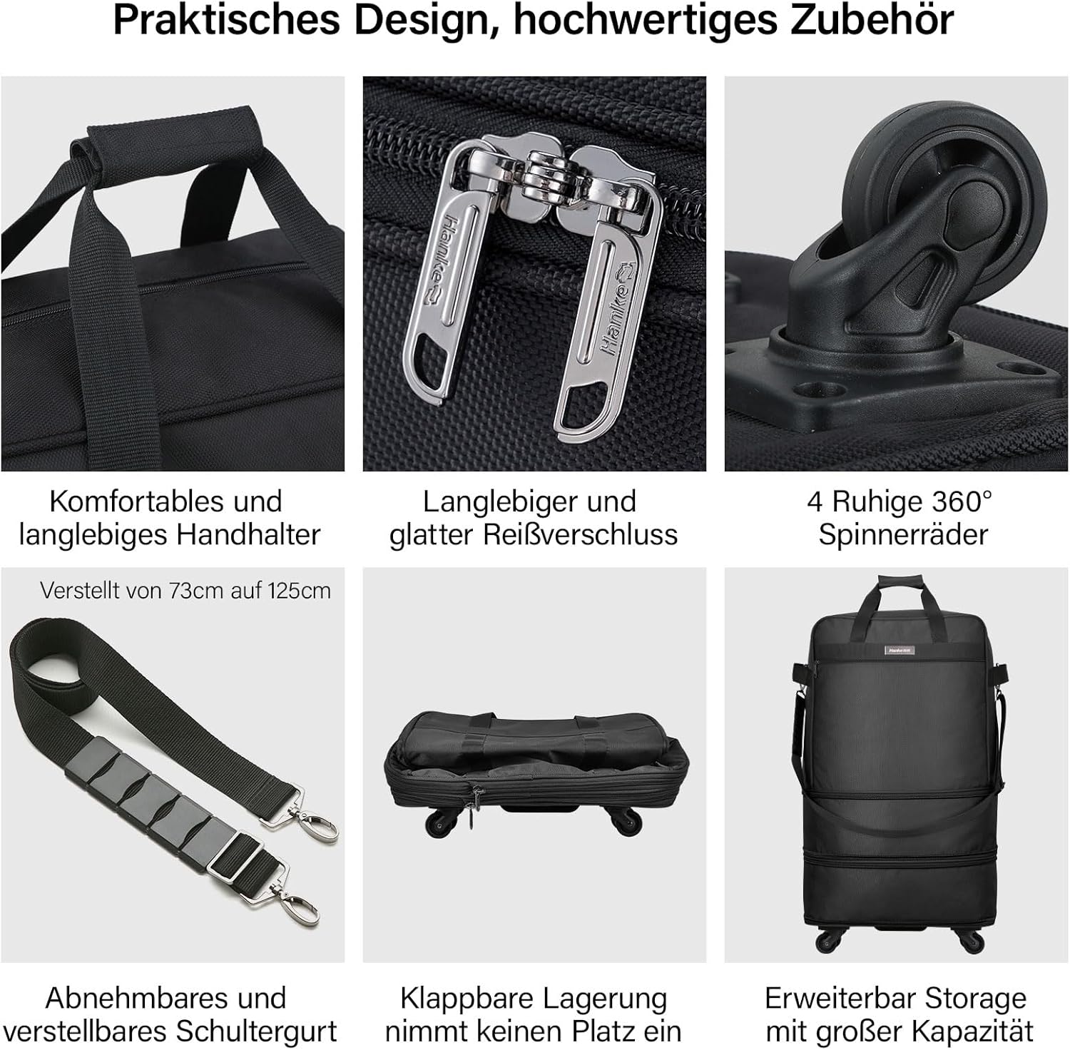 Detalle de Hanke Faltbarer Reisekoffer mit Rollen – 90 Liter, kompakt falbar, Schwarz