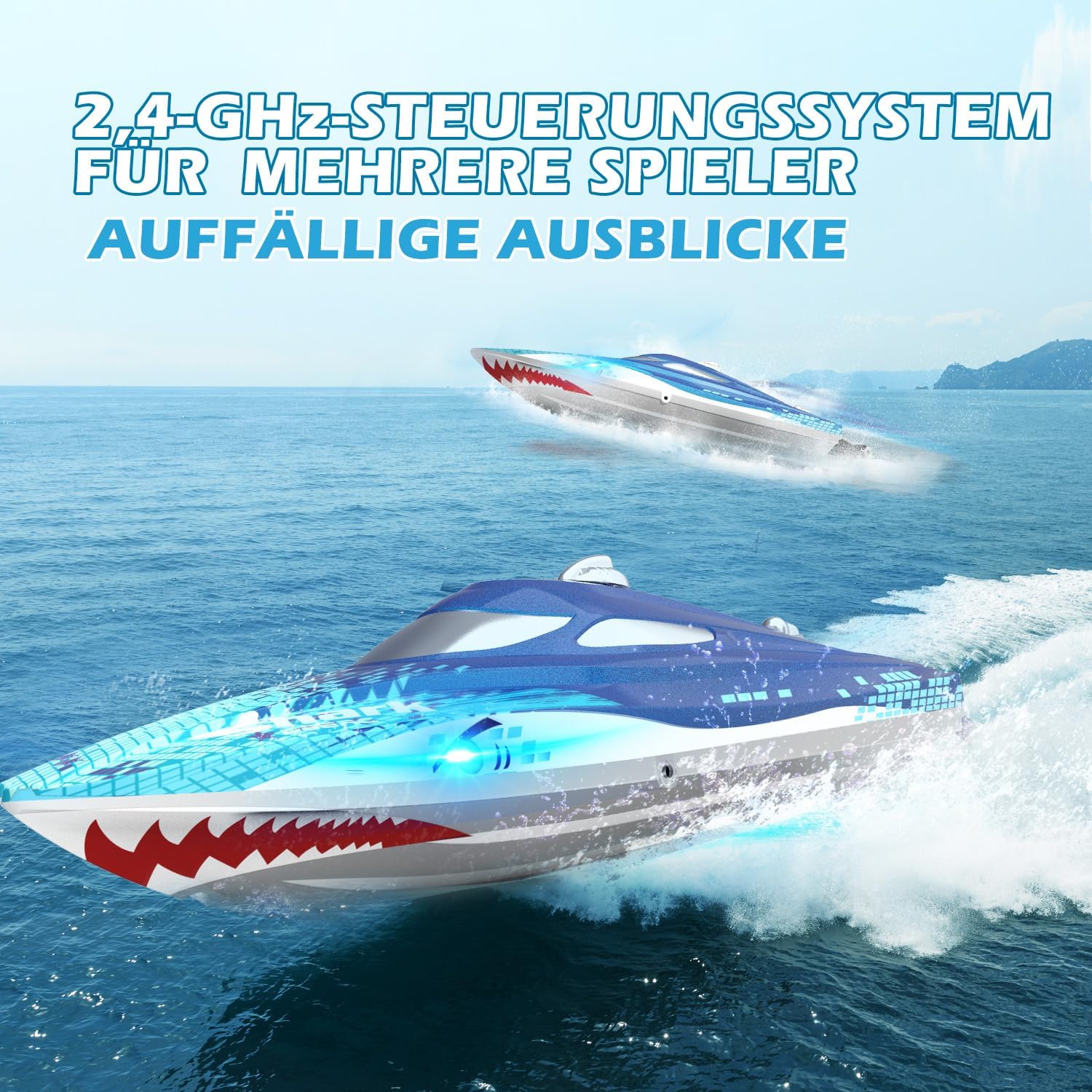 Detalle de DEERC RC Boot HJ812 mit LED-Beleuchtung – ferngesteuertes Haifischboot für Pool & See (2,4 GHz)