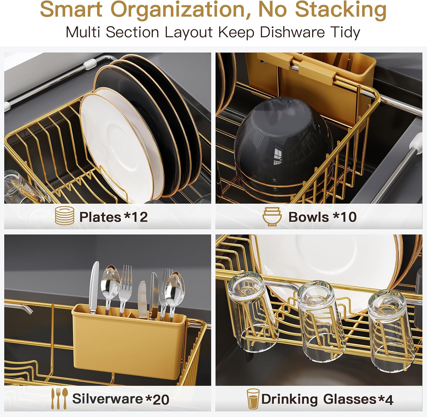 Thumbnail 6 de JASIWAY 701G Gold Over-the-Sink Dish Drying Rack, Expandable Stainless Steel