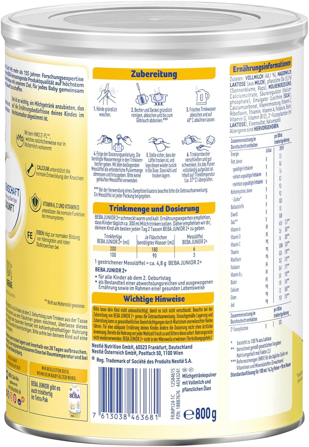Detalle de BEBA Junior 2+ Milchgetränk ab 2 Jahren – 3 x 800 g mit 2'-FL HMOs, ohne Palmöl
