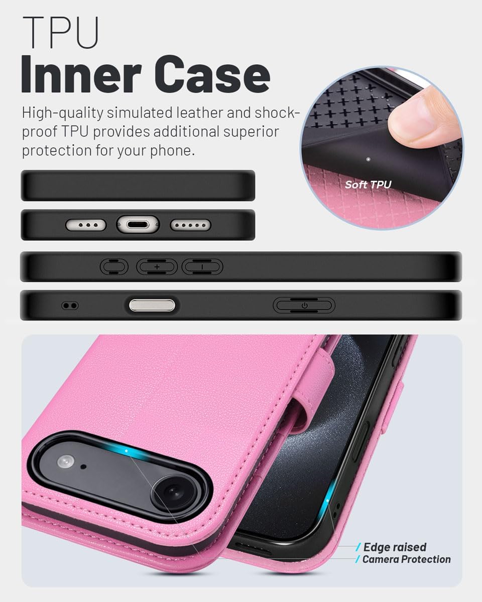 Detalle de OCASE Lederhülle für iPhone Air 5G – Kartenfach, RFID-Schutz, Standfunktion, rosa