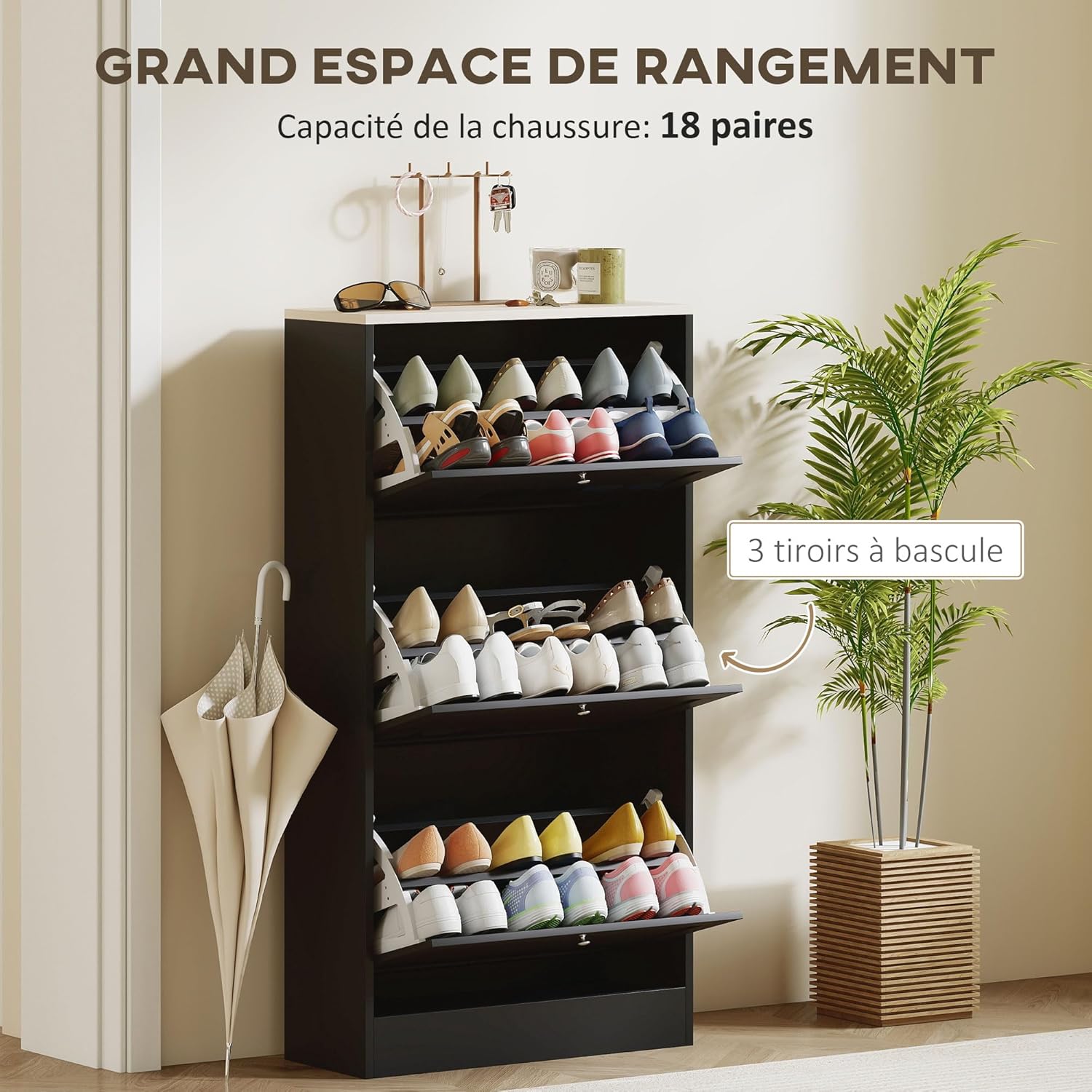 Thumbnail 3 de HOMCOM Meuble à Chaussures 18 Paires – Armoire étroite noire avec 3 tiroirs rabattables et étagères réglables