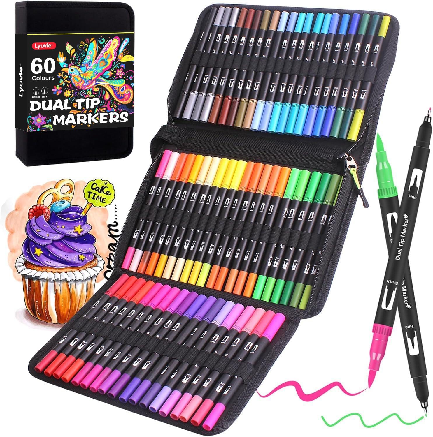 Detalle de Lyuvie 60 Colouring Pens: Dual Tip Brush Markers for Adults in a Handy Case