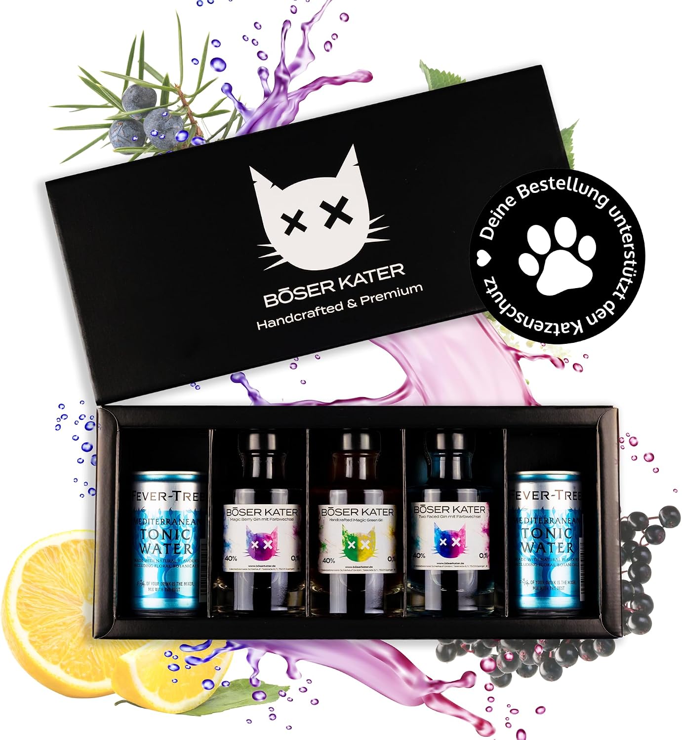 BÖSER KATER Farbwechsel Gin Tasting-Set – Geschenkbox mit 3 Sorten Farbwechsel Gin und Fever-Tree Tonic (bis zu 5 Personen)