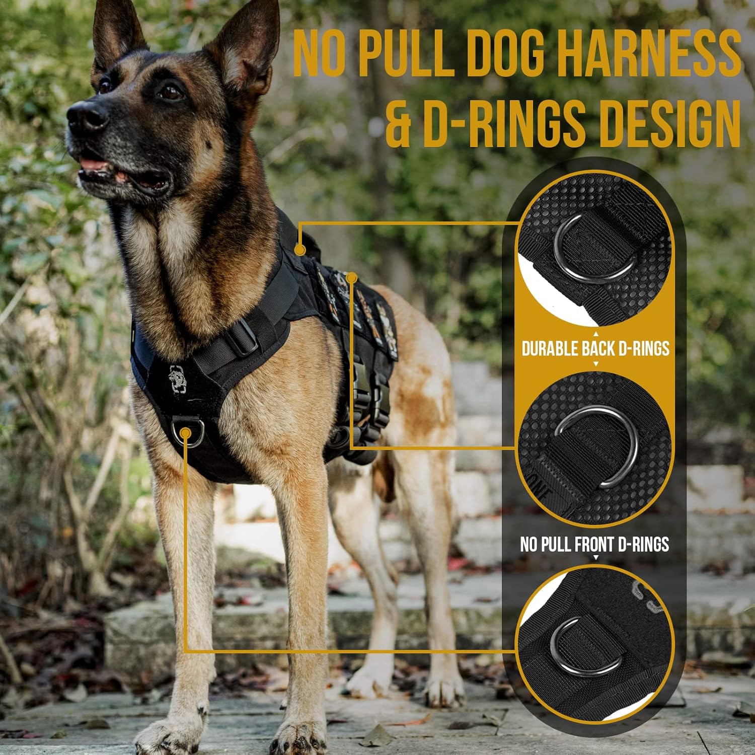 Detalle de No Pull Tactical Dog Harness for Large Dog (OneTigris) in breathable mesh with handle & MOLLE pouches, XL, Black