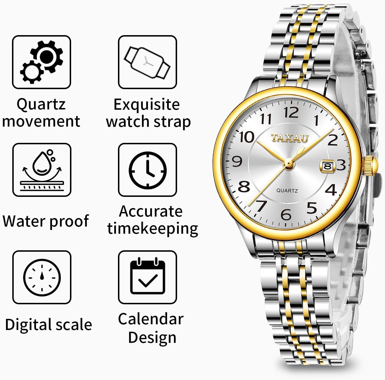 Thumbnail 4 de Taxau Uhren für Frauen Arabische Ziffern Kleines Zifferblatt Easy Read Damenuhren Einfacher Stil Datum Edelstahl wasserdichte Uhren für Frauen Reloj para Mujer
Taxau Uhren für Frauen Arabische Ziffern Kleines…