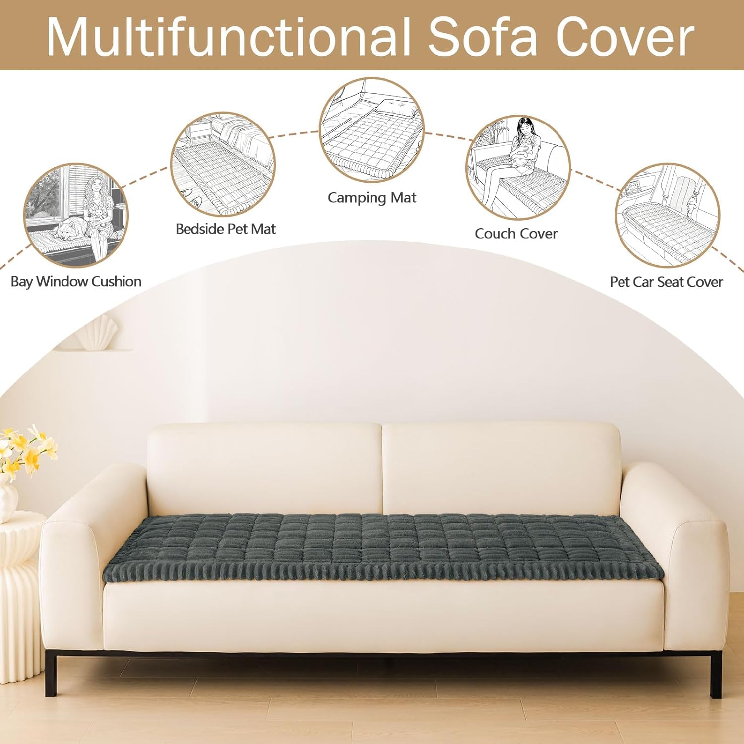 Detalle de hyha Washable Non-Slip Plush Couch Covers for Dogs (Dark Grey, 3-Cushion Size: 27.6" x 59")