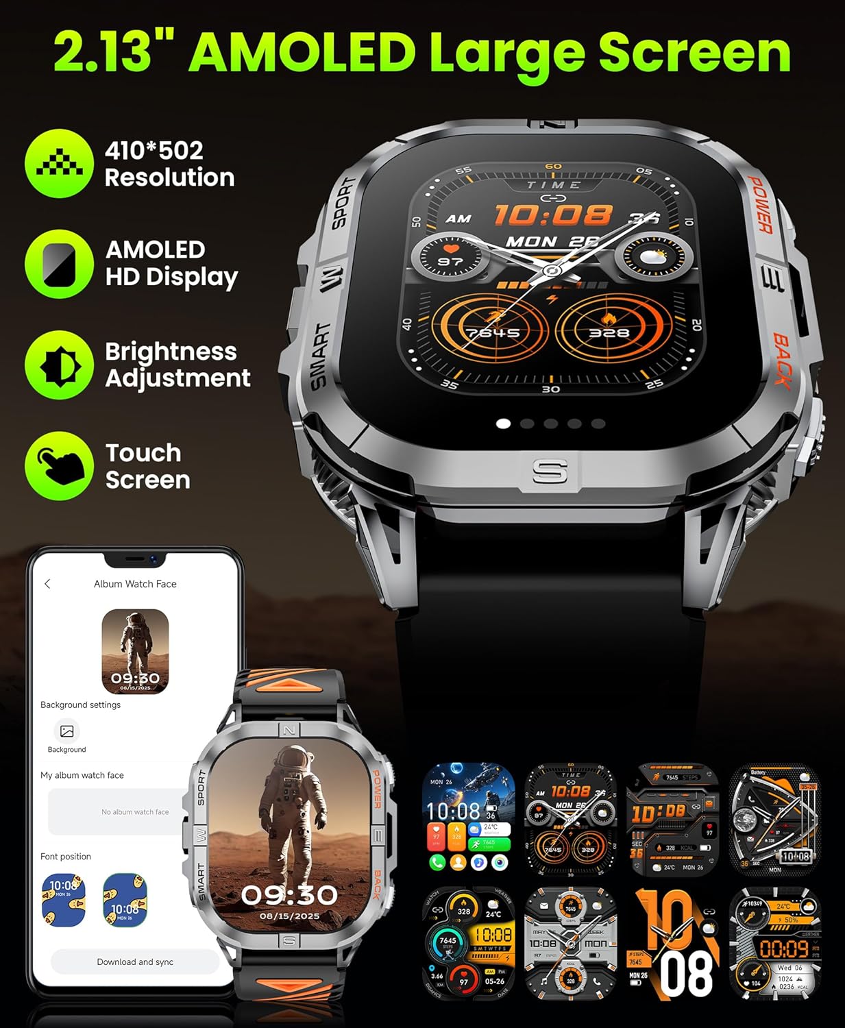 Detalle 2 de Joautrial Military Smart Watch for Men with Built-in GPS, 2.13" AMOLED and Bluetooth Calls (Black)