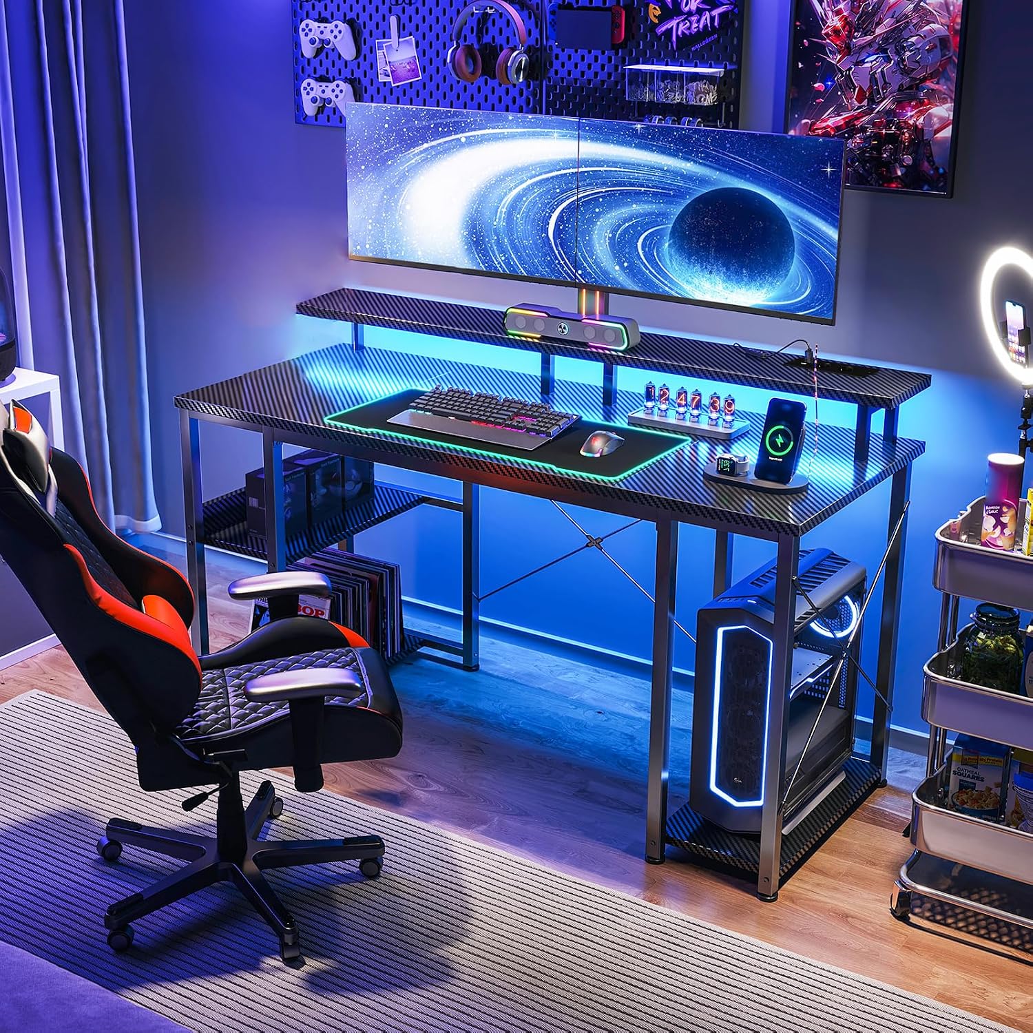 Thumbnail 5 de Coleshome Scrivania Gaming con LED 120x50 cm: PC, Monitor e Spazio di Archiviazione in Nero