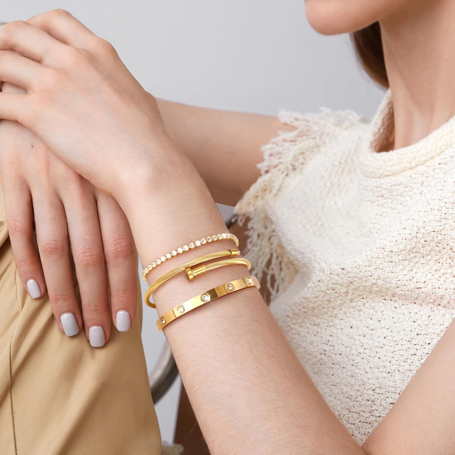 Thumbnail 1 de Ahokei Armband-Set für Damen aus Titan-Stahl / Edelstahl vergoldet, 2-teilig – gold & silberfarben, verstellbar