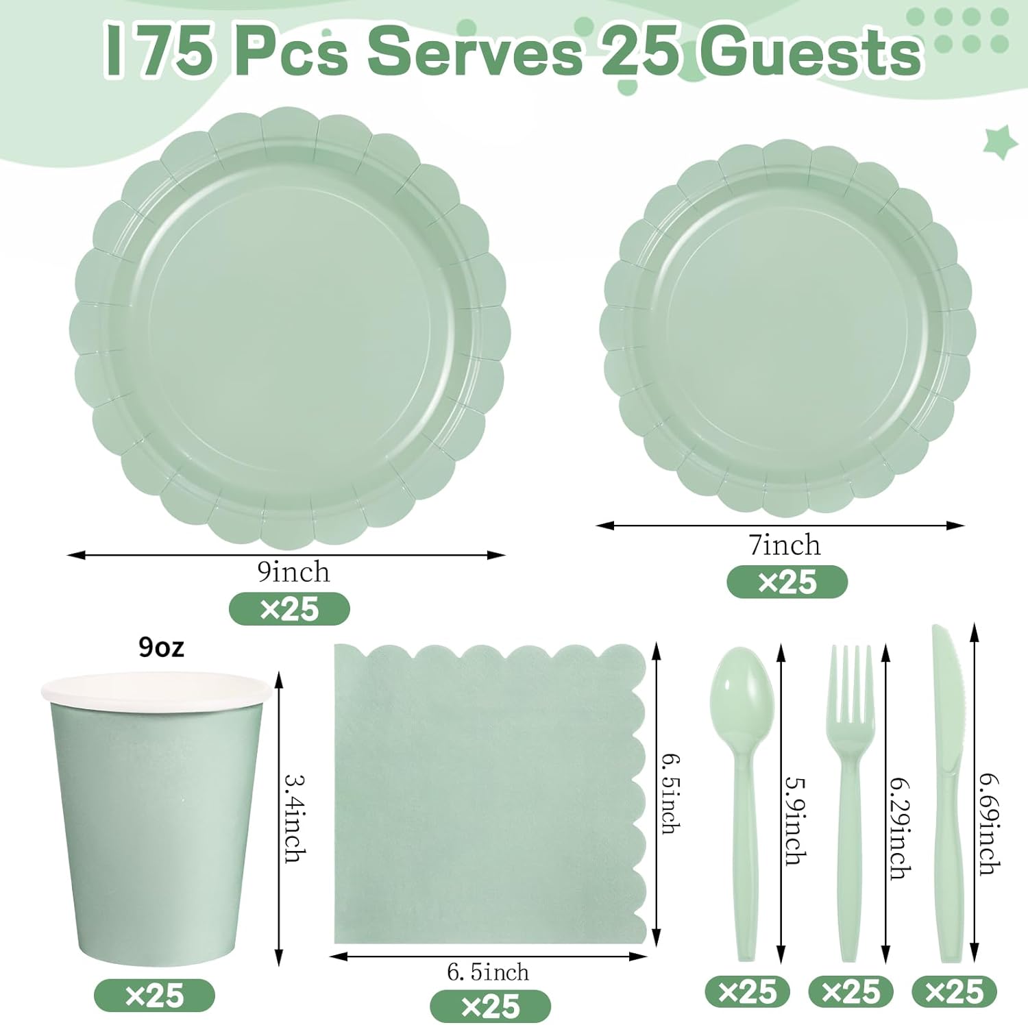 Thumbnail 1 de Xiangqu 175 Pcs Sage Green Party Set