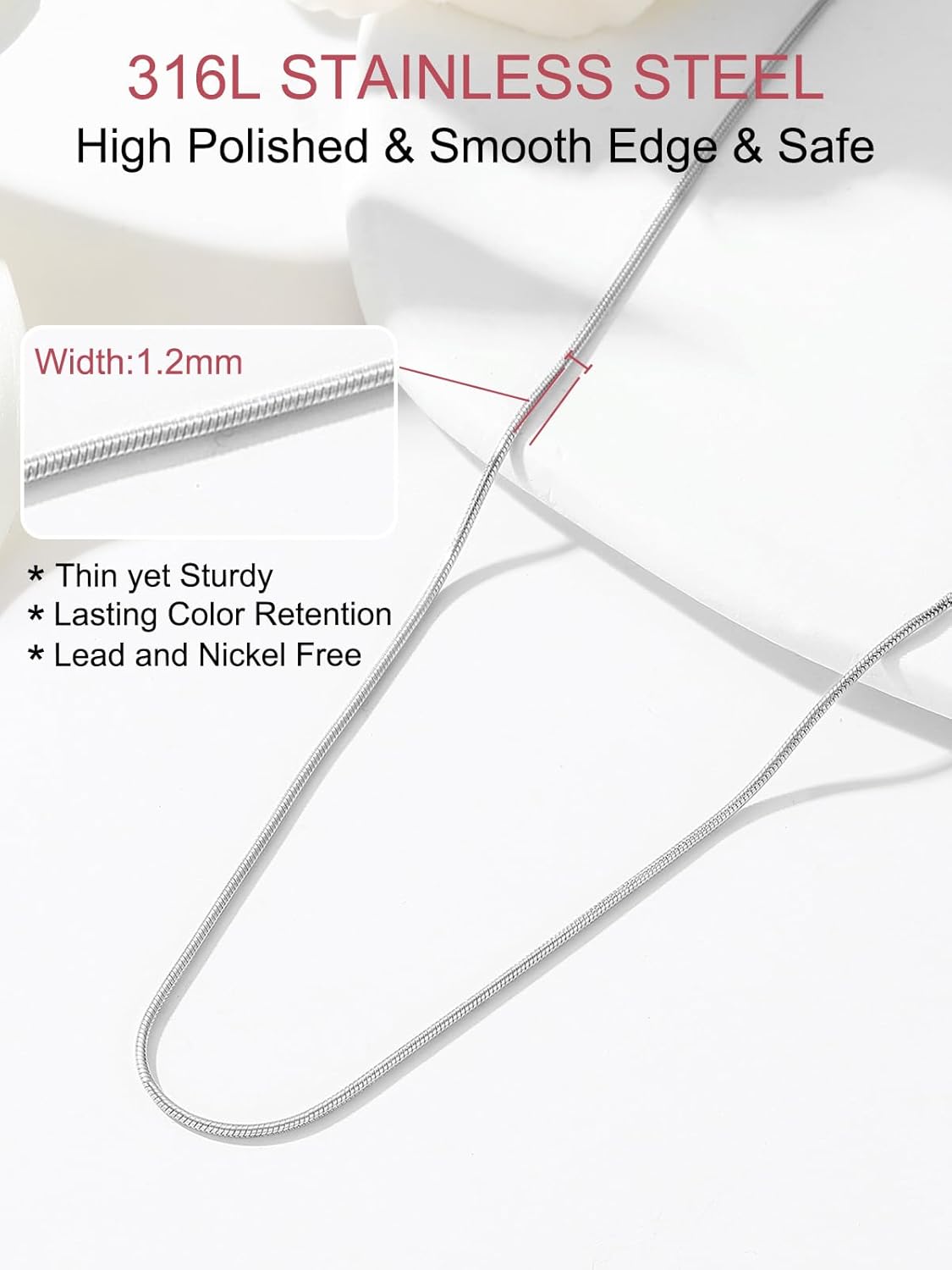 Thumbnail 4 de FOCALOOK Collier Chaîne Serpent Femme Fine 1,2 mm - Acier Inoxydable 70 cm + 5 cm de rallonge
