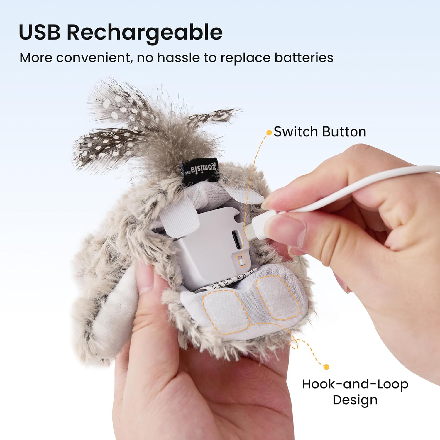 Detalle 2 de ZOMISIA Interactive Cat Toys flapping bird & owl toy (touch activated, rechargeable, grey)