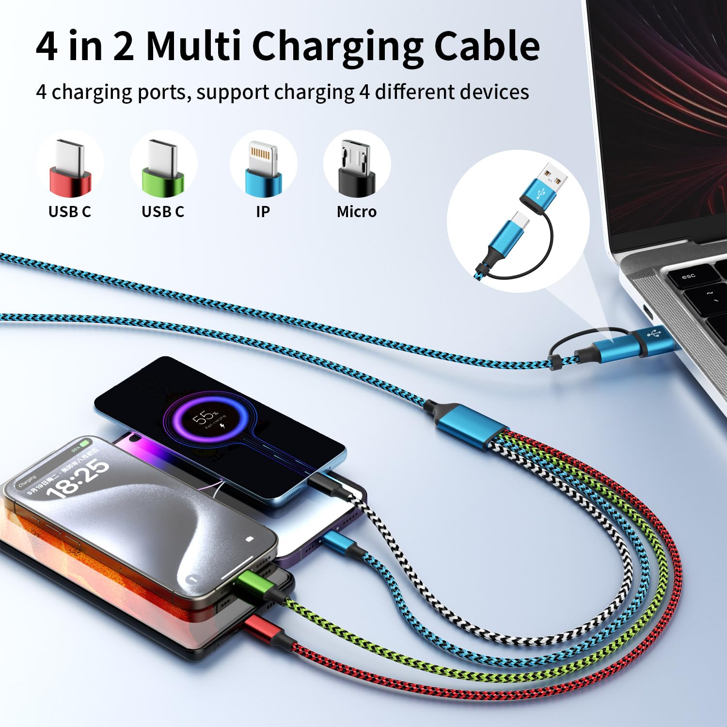 Thumbnail 1 de 4 in 2 Multi Charging Cable: 2-Pack, 5 ft Universal USB A/C Cables with Dual USB-C Ports